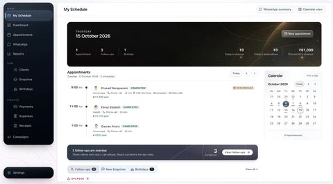 AstrooGrid My Schedule: today’s appointment, follow-up and birthday counts, revenue and expenditure, the day’s appointment timeline, a calendar and overdue follow-ups